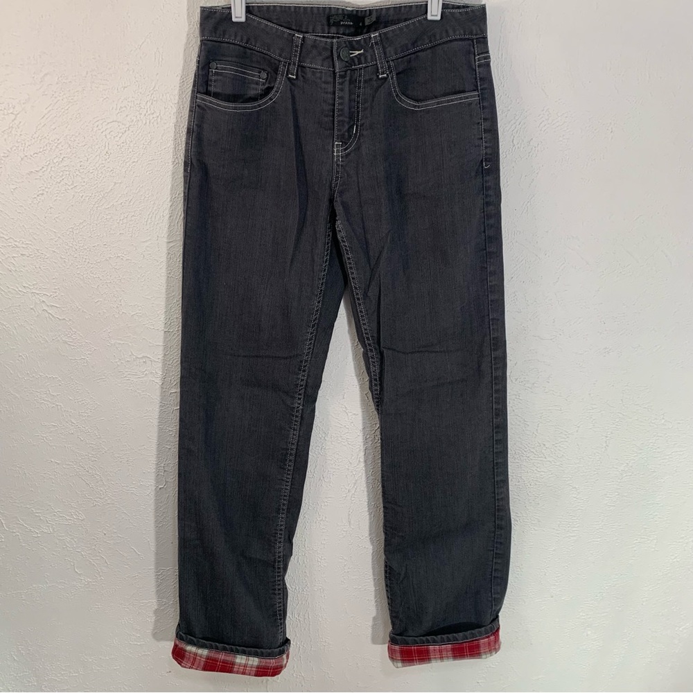 EUC PRANA Lined Pants Jeans Size 4 Gray with Red Plaid Lining Boyfriend Fit
